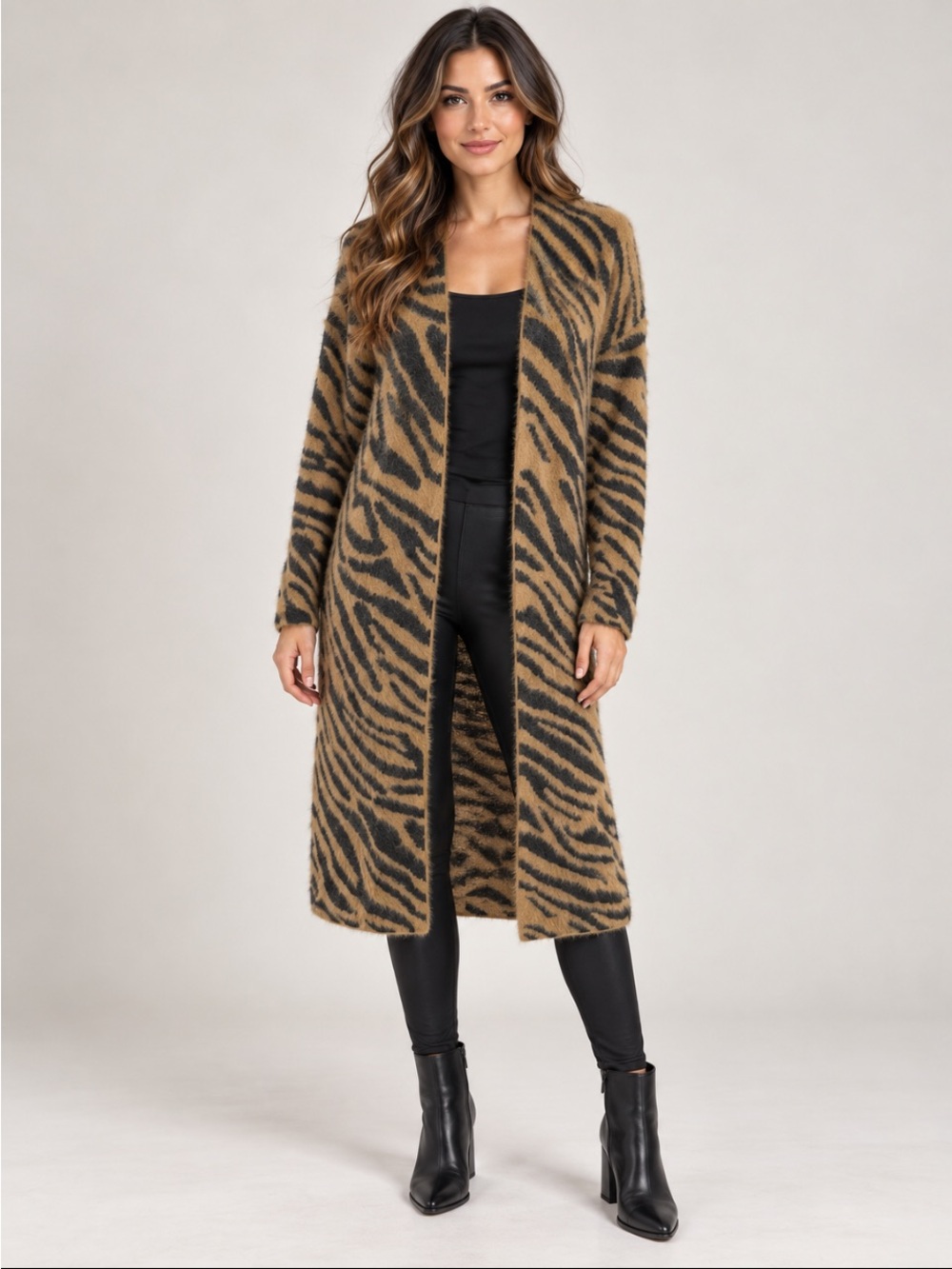 She + Sky Long Open Tiger-Stripe Cardigan in Camel and Black